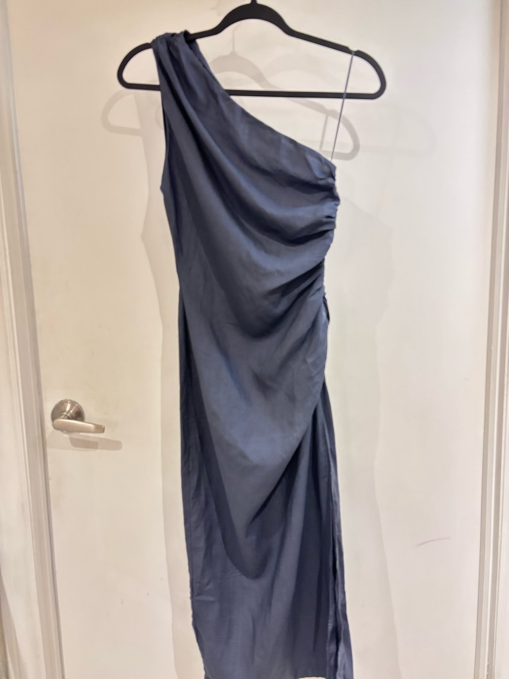 Mango One-Shoulder Slate Blue Draped Evening Dress